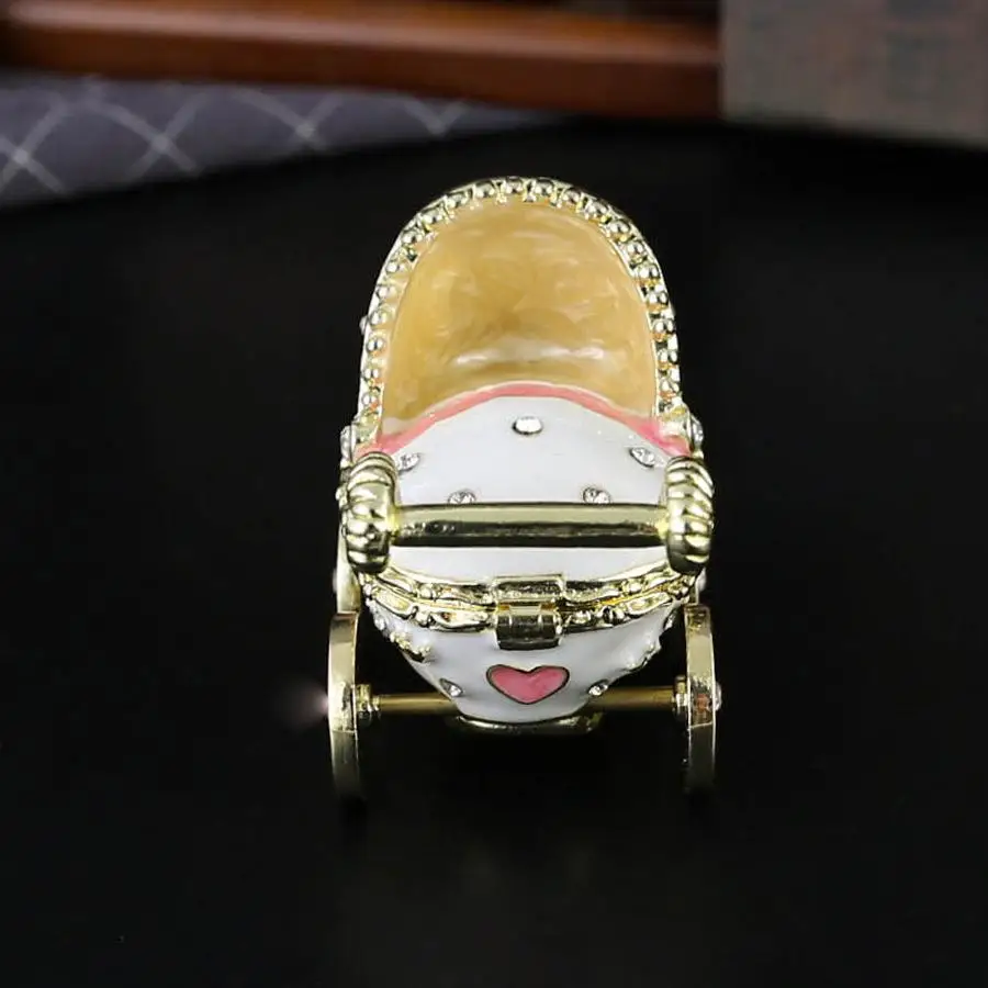 Enamel-decorated Diamond-set Baby Stroller Jewelry Box Flip-top Dust-proof Accessory Jewelry Collection Box Pink Metal Storage