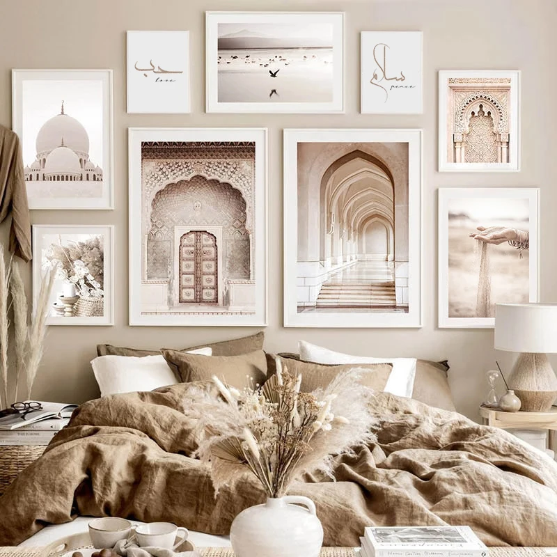 Beige Islamic Style Muslim Architecture and Calligraphy Printed on Canvas Wall Posters Decorative Painting Luxury Room Pictur