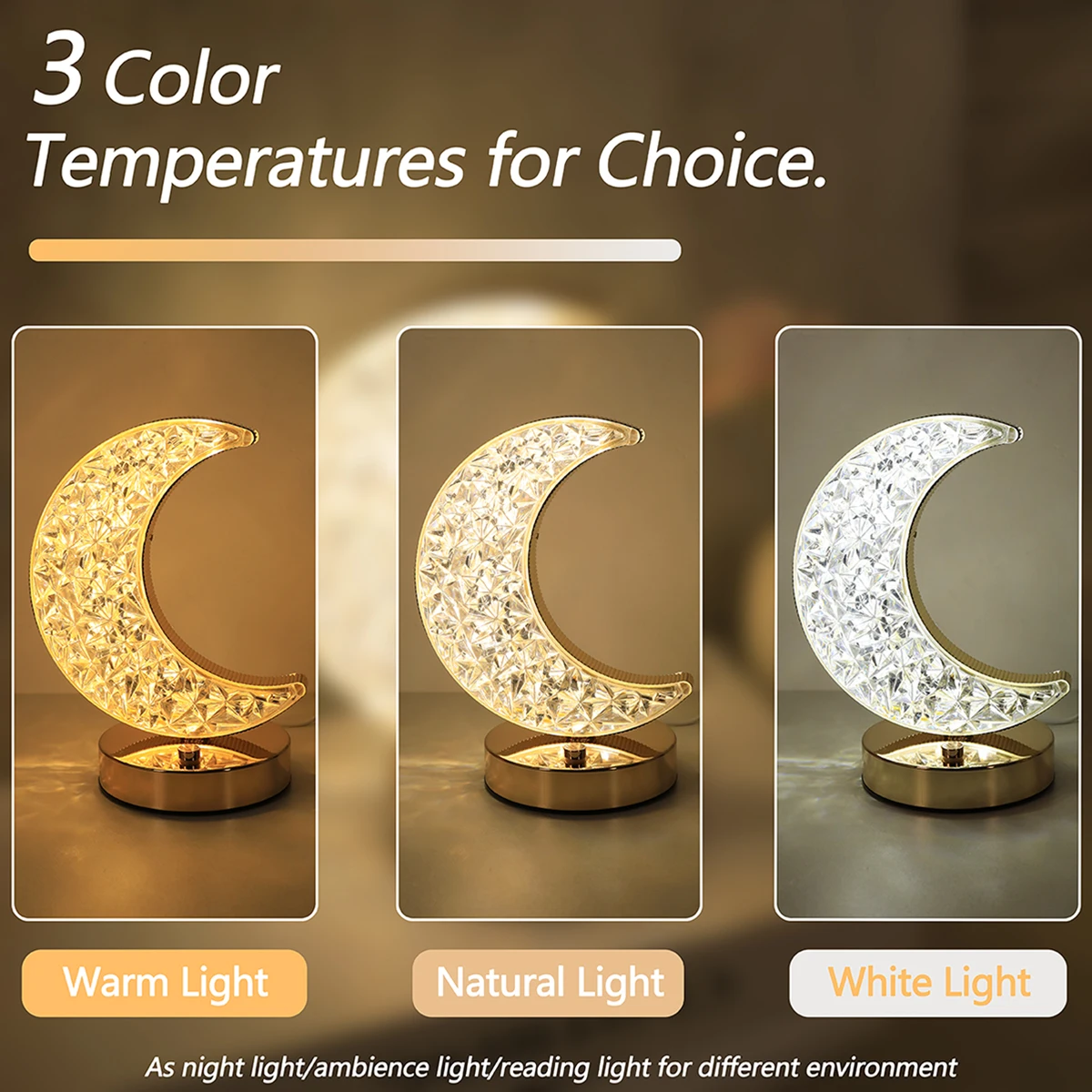 LED moon crystal desk lamp USB charging touch three color small night light, bedroom bedside decoration atmosphere light gift