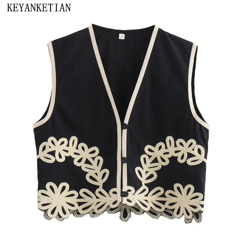 

KEYANKETIAN 2024 New Women's Applique Embroidery Decoration Vest Summer Holiday wind Buttons Sleeveless Crop Top Thin Waistcoat