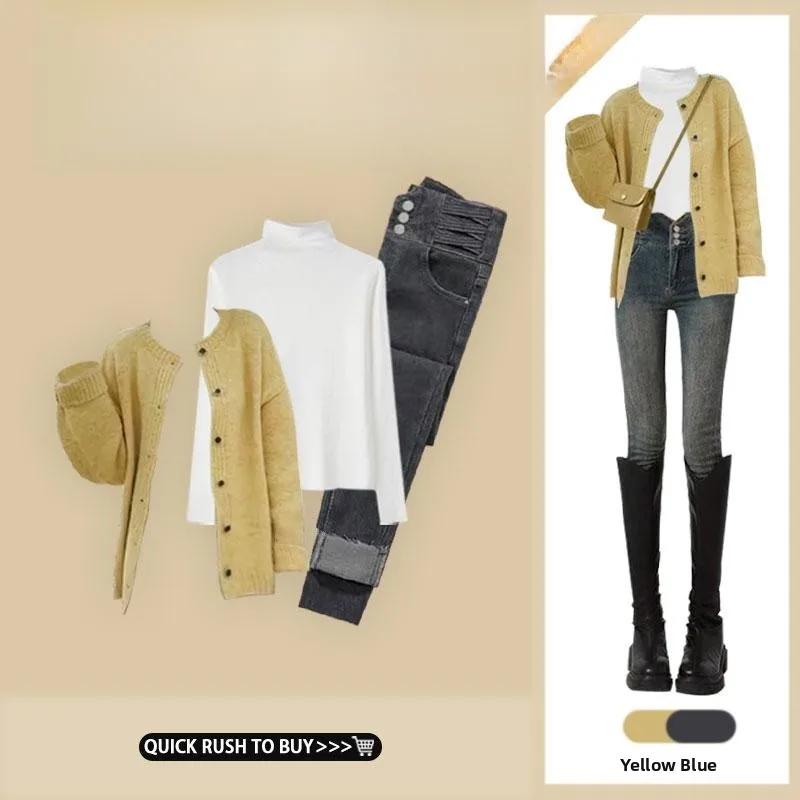 2024 Herbst Neuheit: Lässiger Strickpullover mit offenem Cardigan, hochgeschlossenem Kragen, schmal geschnittenes Jeans-Set und High-Waist-Mode für Damen
