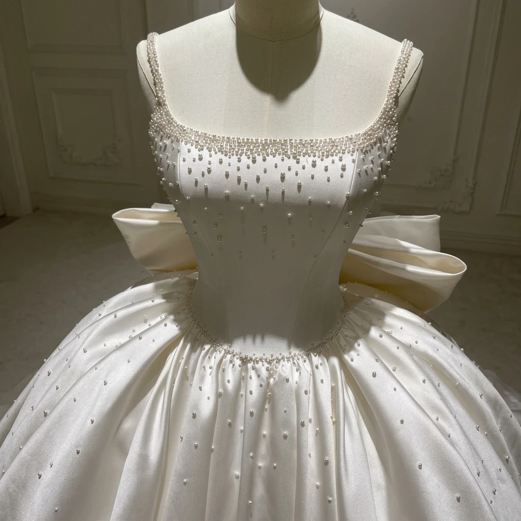 Luxury Square Neckline Satin Ball Gown Wedding Dress Beaded Bowknot Vestidos De Novia  with Court Train Bridal Dress Customized