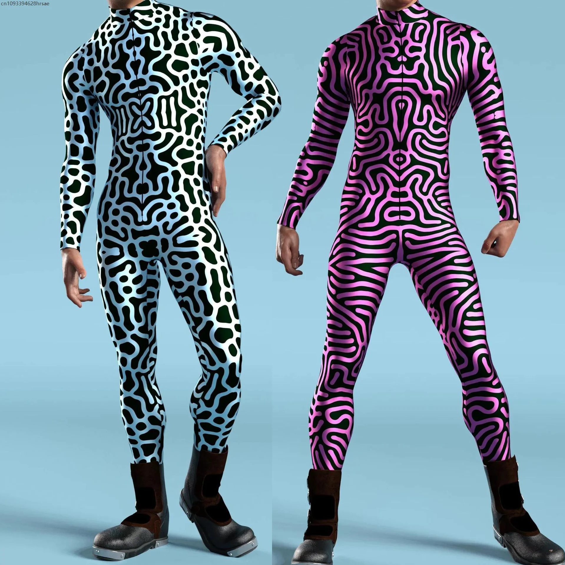 

A Creative Men Art Irregular Lines 3D Jumpsuit CyberPunk Bodysuit Halloween Party Cosplay Costume Performance Romper Zentai Suit