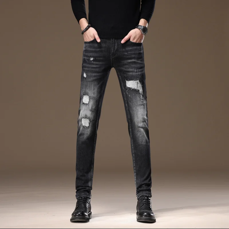 Мужские джинсы со сломанной нашивкой, эластичные маленькие ноги, модные повседневные уличные брюки в стиле ретро, красивые потертые американские брюки