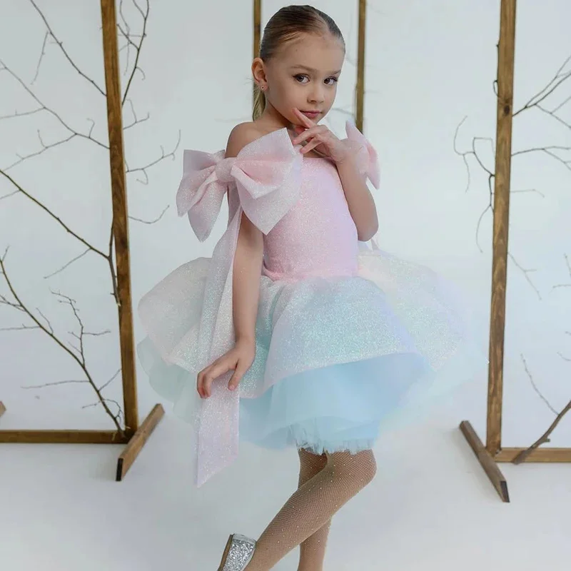 Princess Flower Girl Dresses for Wedding Off Shoulder with Bow Puffy Kids Birthday Party First Communion Ball Gown Custom