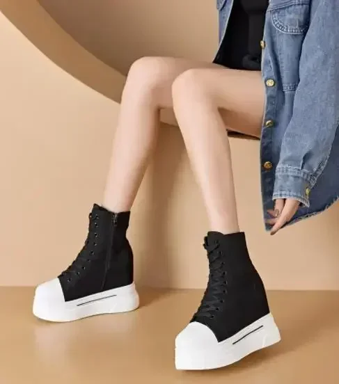 14CM Neue Denim Leinwand Frauen Herbst Frühling Versteckte Hohe Synthetische ZIP Ankle Booties Wohnungen Plattform Keil Stiefeletten Mode schuhe