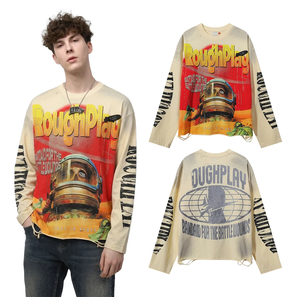Streetwear Clothing Funny Skulls Graphic T Shirts Hip Hop Street Style Cotton Distressed Ripped Digital Printed Long Sleeve Tees