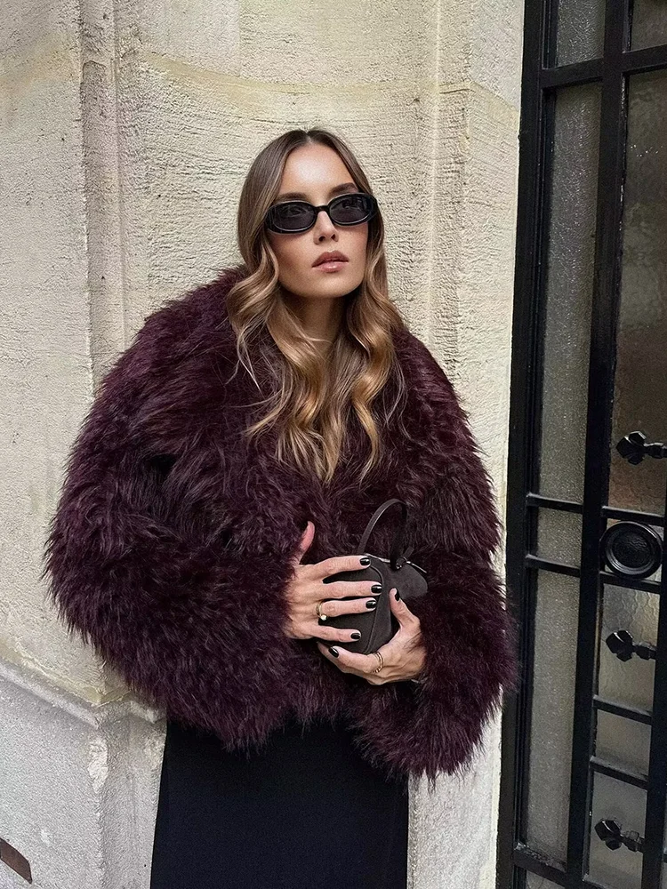 ZHUISHU Winter Women Wine Red Faux Fur Jackets Female Thick Warm Turn-down Collar Coats Ladies Chic Outerwear