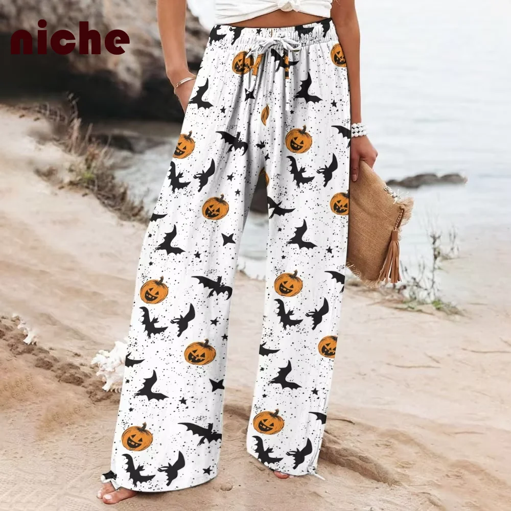 Halloween Style Ladies Slacks Pumpkin Ghost Graphic Printing High Quality Fabric Soft Trend Designer New Chic Wide Leg Trousers