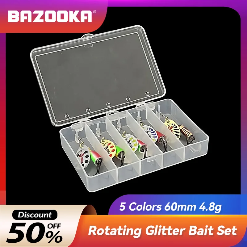 

5 Pcs 60mm/4.8g Bazooka Rotating Spinner Spoon Metal Bait Sequins Boxes Spoon Baits for Trout Perch Bass Pike Fishing Lure