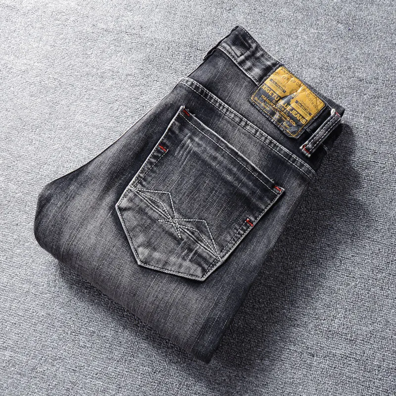 Italian Designer Fashion Men Jeans Retro Black Gray Slim Fit Stretch Ripped Jeans Men Vintage Trousers Casual Denim Pants Hombre