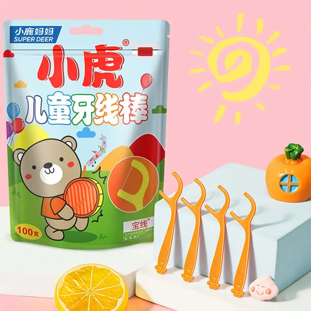 100 العصي الأطفال خيط تنظيف الأسنان برميل الخيط الملون للأطفال علاج دنت تنظيف الأسنان تقويم الأسنان بين الأسنان اختيار #6