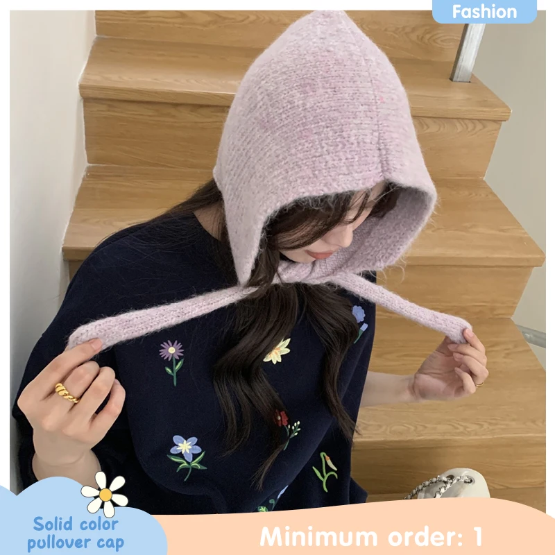 Autumn and Winter New Solid Color Strap Ear Protector Pullover Cap for Women Cycling Skiing Warm Versatile Knitted Hats Beanie