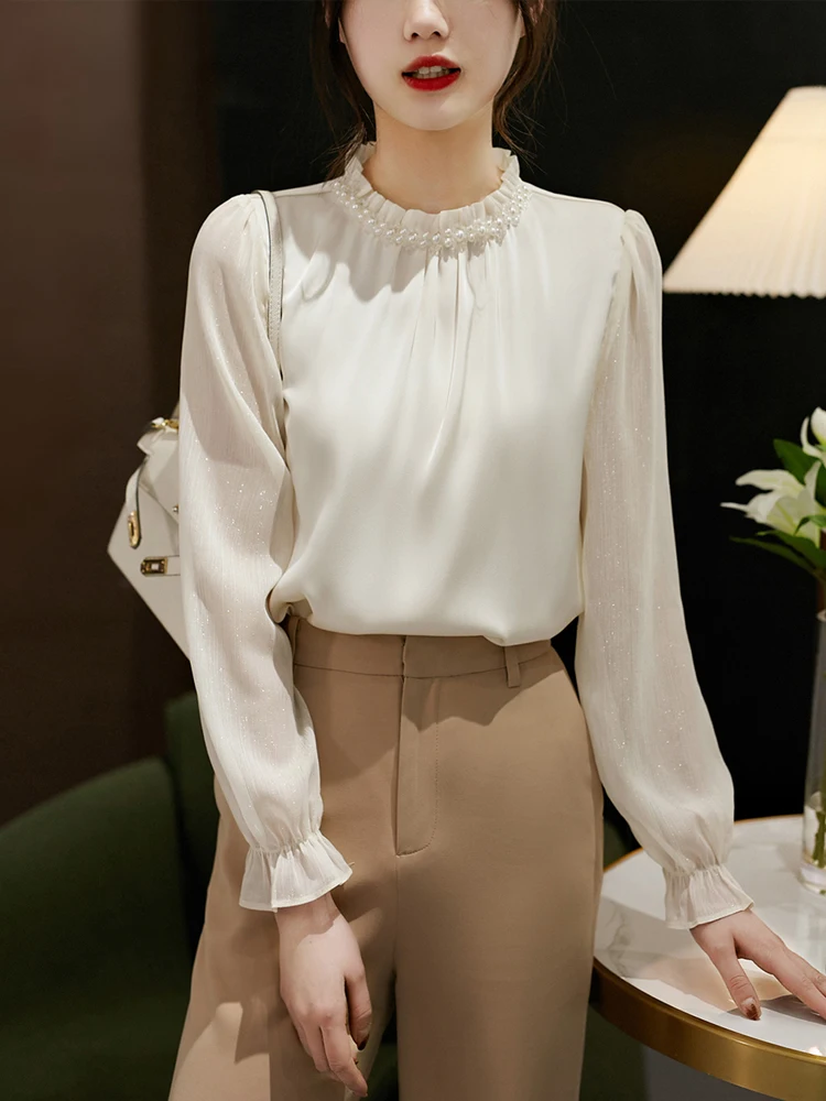 Spring Summer Women Chiffon Shirts Office Lady Long Sleeve Blouses Chic Beading Solid Female Casual Tops Blusas Mujer 2024