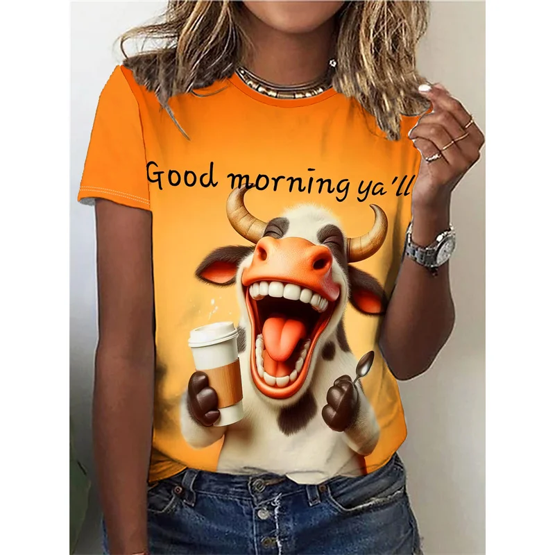 Happy Cow Pattern T-Shirt For Women Funny Animal 3D Printed T Shirts Summer Fashion Tees Short Sleeves Crew Neck Tops Streetwear