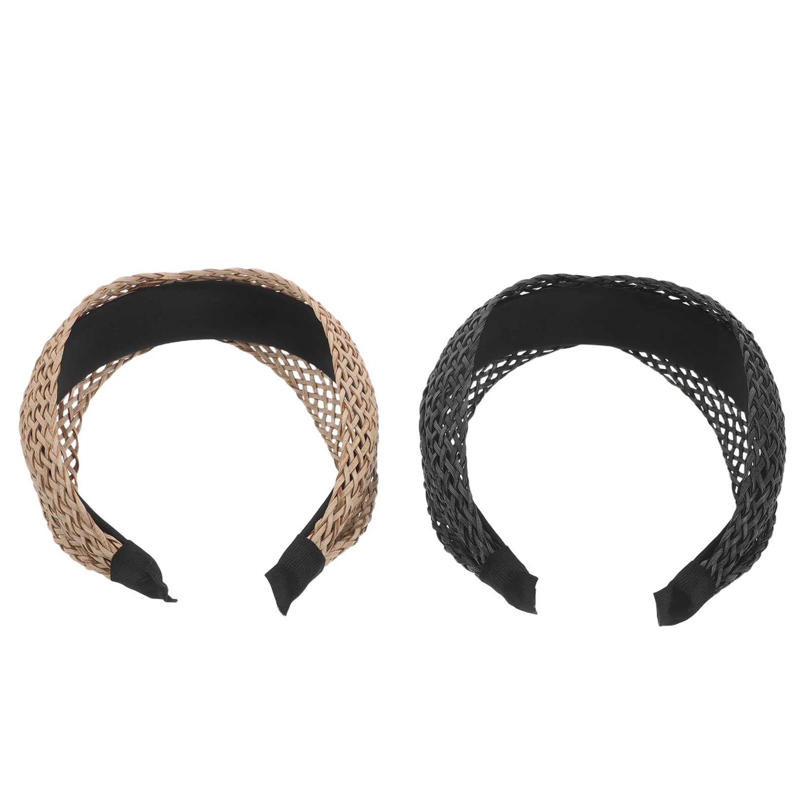 

2pcs Woven Rattan Headband 2.6 Inch Wide Beige Black Boho Braided Hollow Twist Design Fashion Women Girls Party Hair Accessory