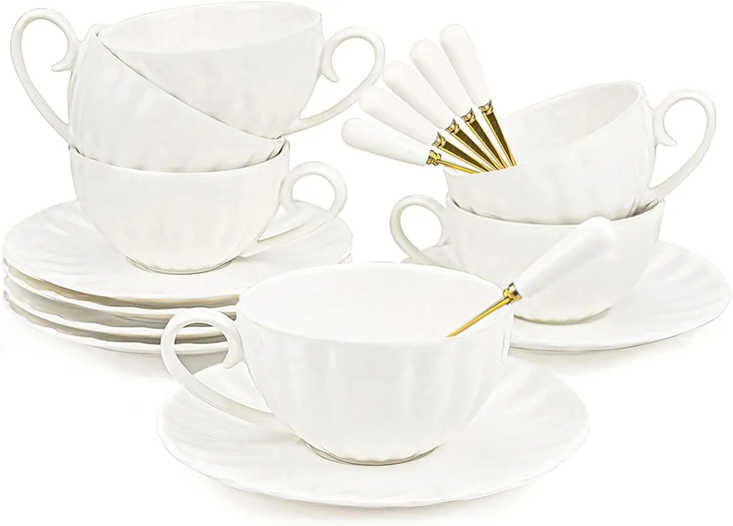 

Set of 6 Royal Tea Cups and Saucers, 6 oz White Porcelain Tea Set & British Coffee Cups, White Latte Cups and Espresso M