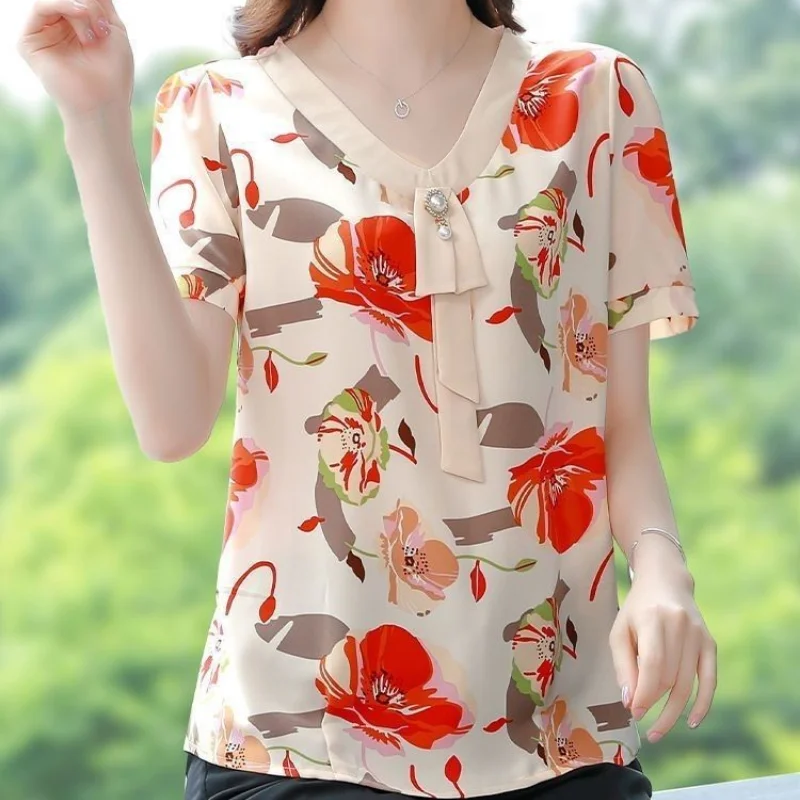 Elegant Floral Loose T Shirts Summer New Short Sleeve V Neck Printing Plus Size Office Tops Tees Fashion Vintage Women Clothing