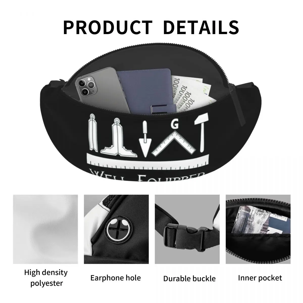 Customized Masonic Freemason Fanny Pack for Men Women Fashion Mason Crossbody Waist Bag Traveling Phone Money Pouch