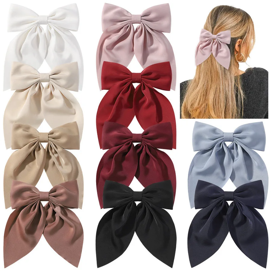 Elegant Bow Ribbon Hair Clip Fashion Simple Solid Satin Spring Clip Hair Pin Retro Headband with