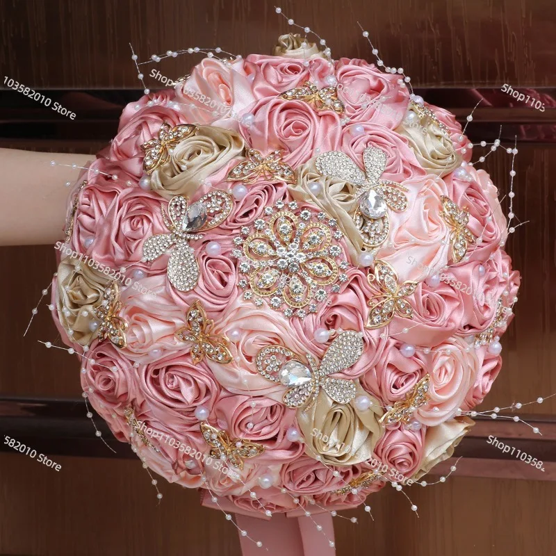 25Cm Korean Bride Bouquet Butterfly Rhinestones Beaded Wedding Bouquet Wedding Bouquet