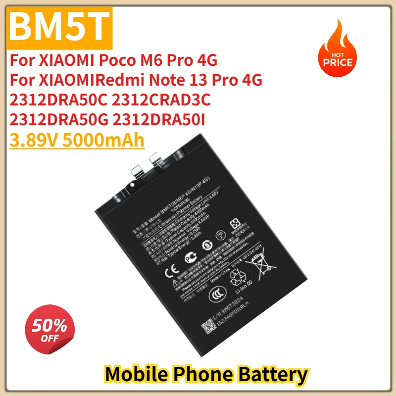 

BM5T High Quality Phone Battery 3.89V 5000mAh For XIAOMI Poco M6 Pro 4G Redmi Note 13 Pro 4G 2312DRA50C 2312CRAD3C Brand New