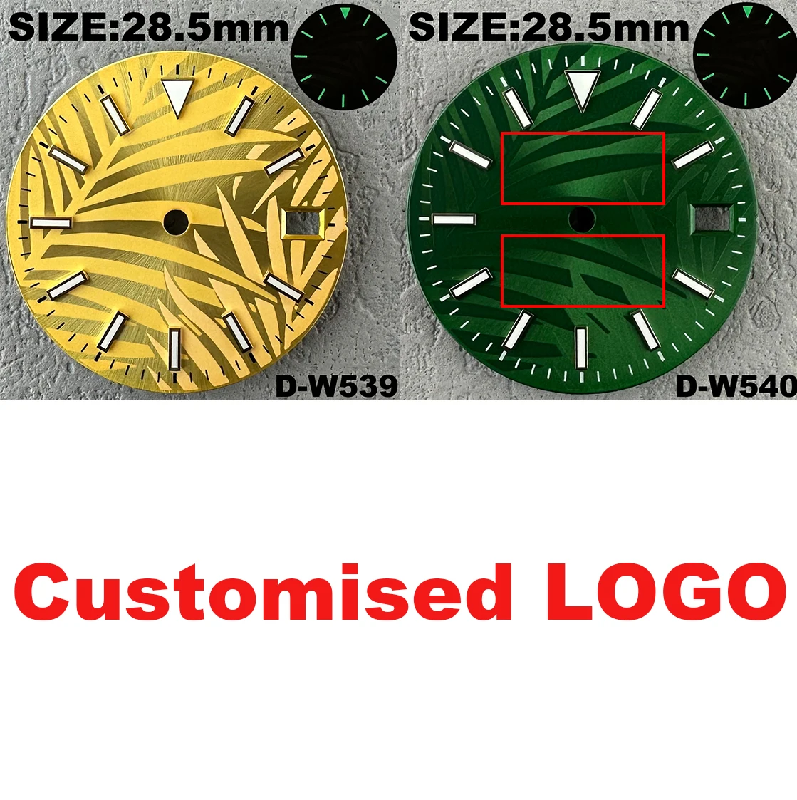 28.5mm orologio foglia modello quadrante logo personalizzato quadrante diamantato quadrante luminoso verde accessori per orologi per movimento NH35/ NH36