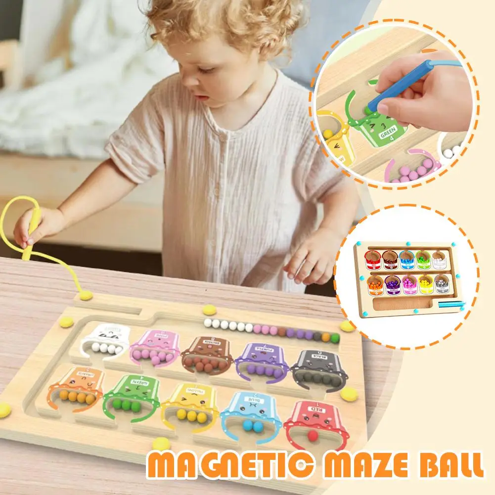 モンテッソーリ磁気色分けゲーム迷路ボードペン移動ビーズゲーム木製コントロール感覚遊び教育玩具子供向け