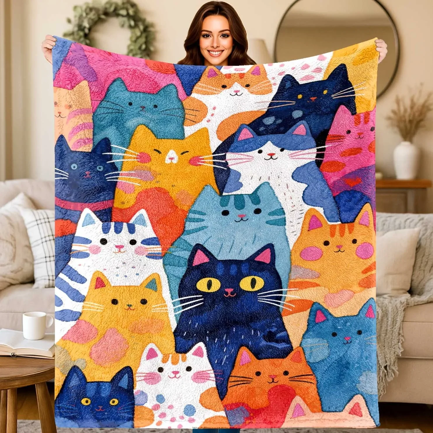 Multi Cat Family Blanket Throw 150x230cm Jumbo Boho Kawaii Plush Sleeping Picnic Cozy Sofa Decor Blankets