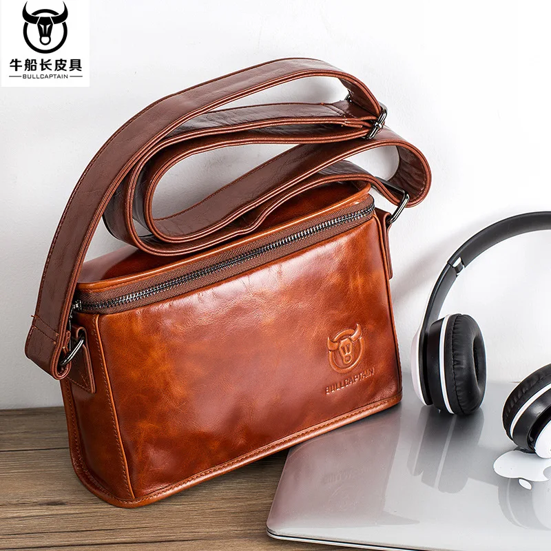 Men's real leather square shoulder bag horizontal layer of coat-leather mobile phone tablet storage large opening cross-body bag