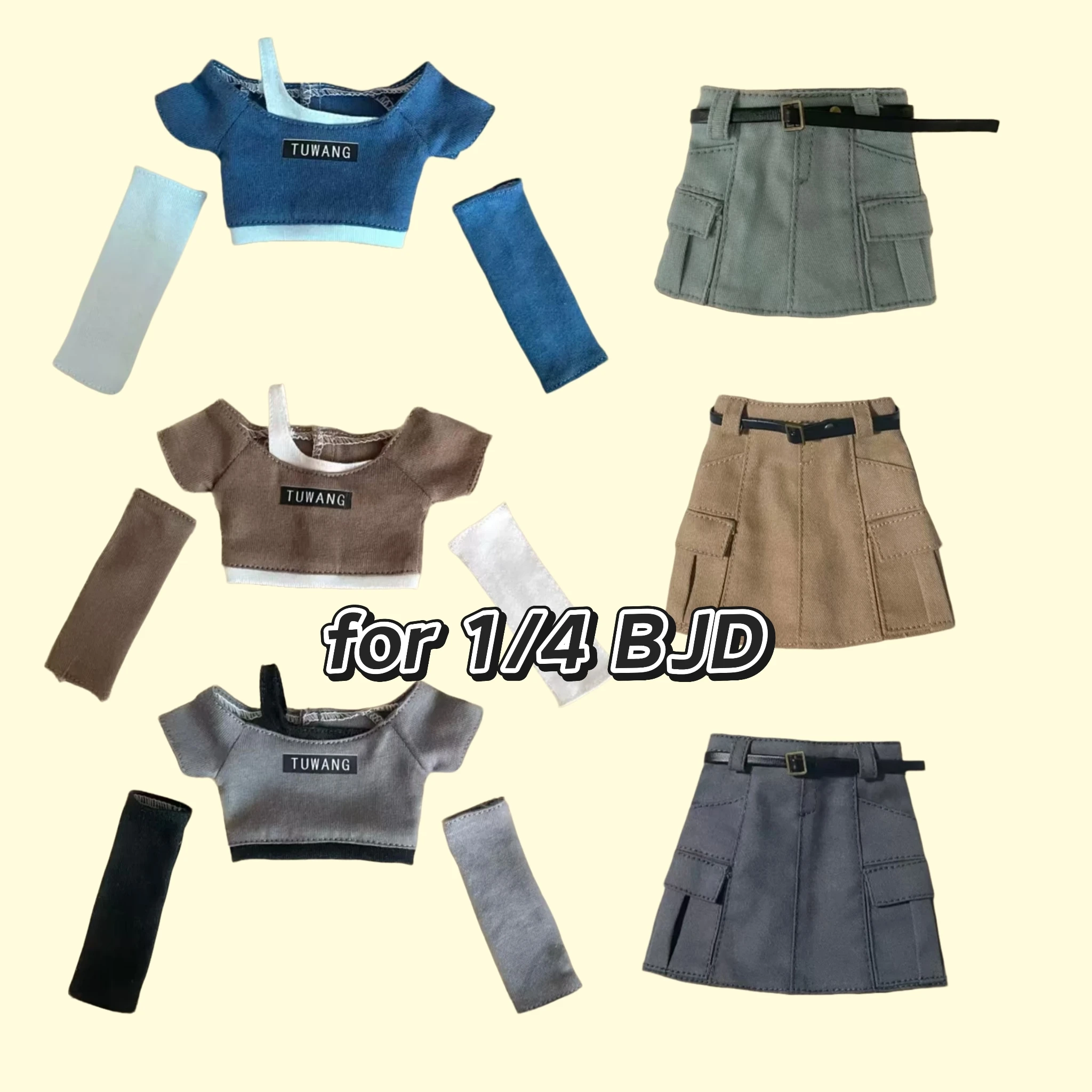 1/4 BJD Doll Clothes Fake Two Off-The-Shoulder Tops Cargo Skirt Overalls Skirt Short Skirt