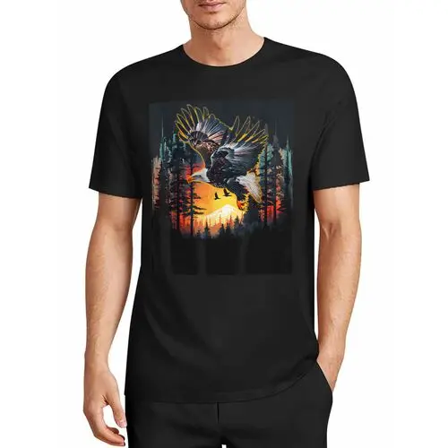 Warm-Toned Sunset Against Snowy Peaks, a Golden-Edged Eagle with the Fierce Aura of the Wilderness, Capturing the Vast Beauty of the Forest Sunset on Everyday Clothing: a Black Loose-Fitting Short-Sleeved Top