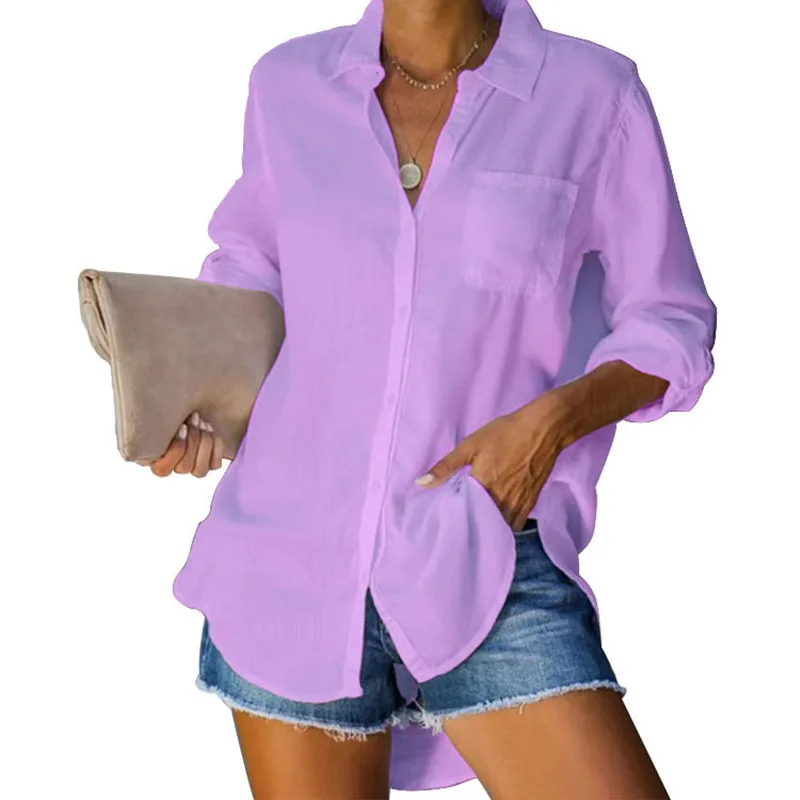 New Women\'s Shirt Solid Color Large Casual Loose Button Shirt Women\'s Wear