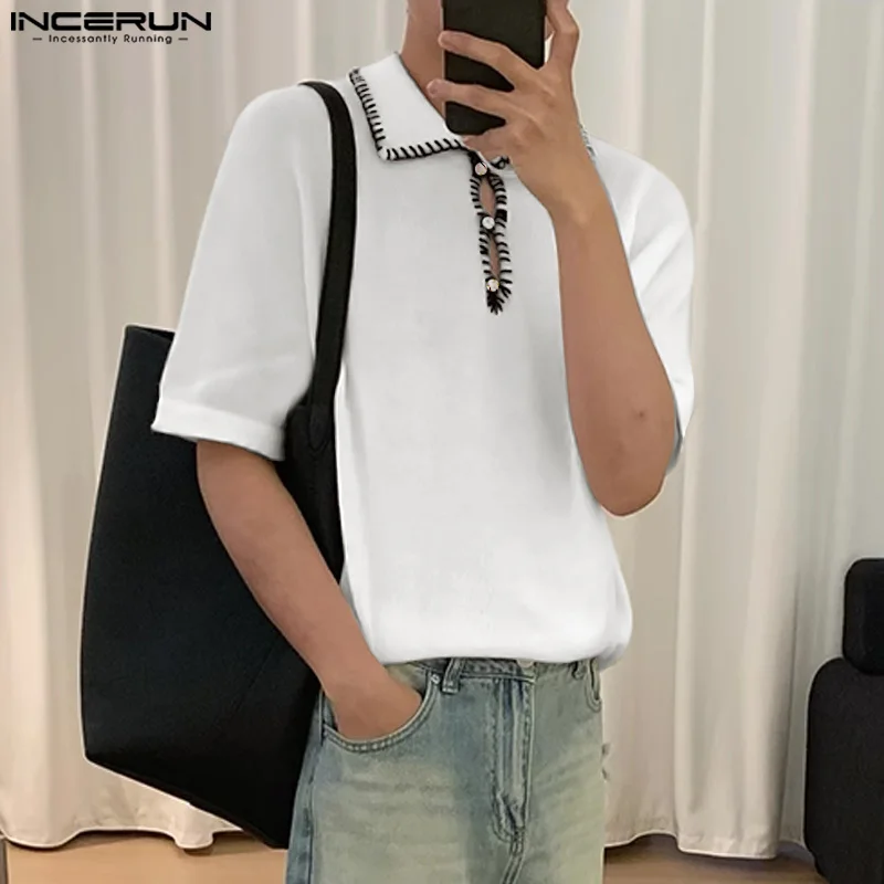 

INCERUN 2024 Chemise Summer Men Shirt Vintage Lapel Short Sleeve Men Clothing Solid Tops Tee Streetwear Casual Patchwork Top