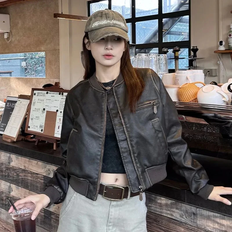

American Pu Leather Jacket Women Vintage Street Casual Cropped Coat Long Sleeve Spring Zip Harajuku Y2K Brown Motorcycle Top