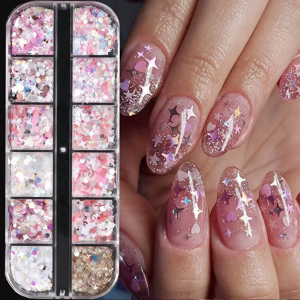12 griglie Starburst Rosa Fine Shimmer Nail Art Paillettes Ultra-sottile Misto Punti d'amore Scintillanti Fiocchi per unghie Fette Accessorio per manicure fai da te