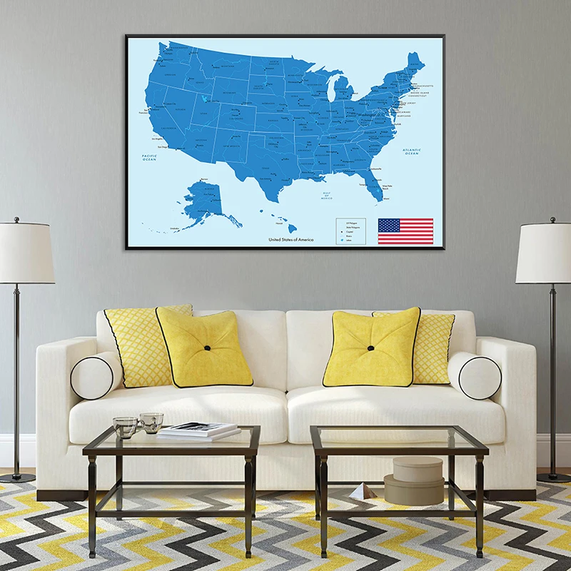 90*60cm The United States Map Non-woven Canvas Painting Wall Art Poster Decor for Living Room Office Decoration School Supplies