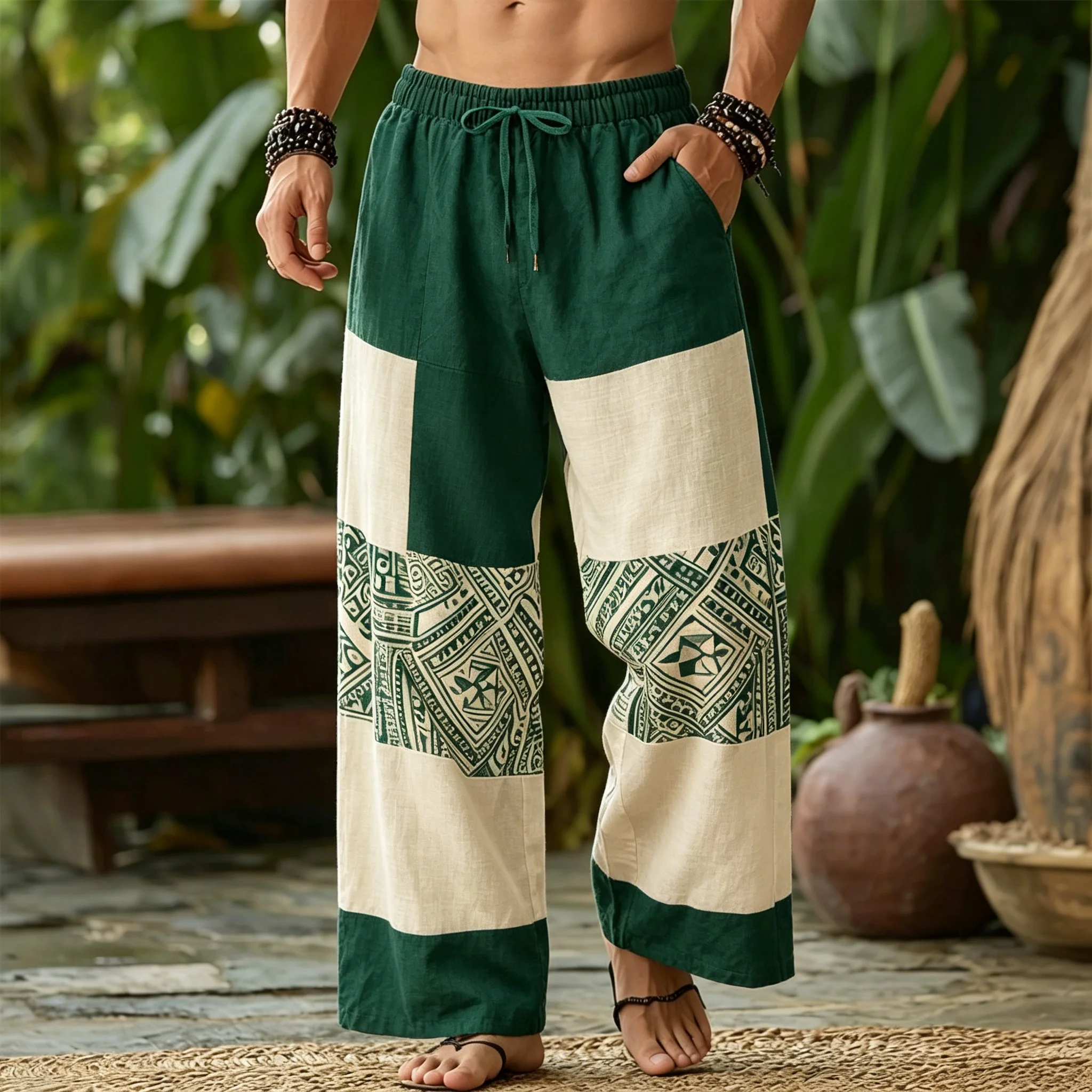 

Men's Boho Tribal Geometric Patchwork Drawstring Wide Leg Pants, Casual Loose Trousers for Spring Summer Beach & Daily Wear