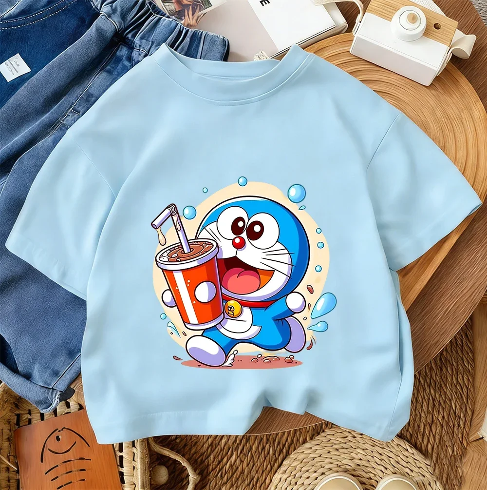 2026 Fashion Kids Summer T Shirt Doraemon Cute Kawaii Cartoon Street Style Outfit 3-14Y
