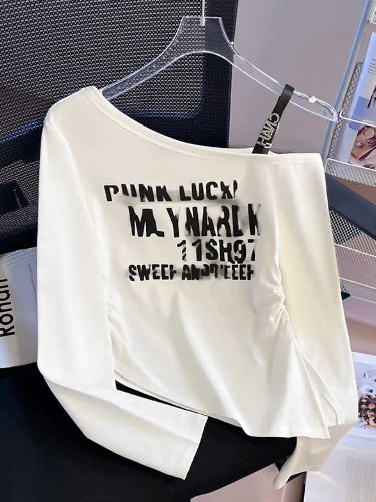 

Женская длинная футболка Sve с наклонным воротником и талией в Корейском стиле, смесь хлопка для поездок на работу, топ ранней осени с асимметричным подолом