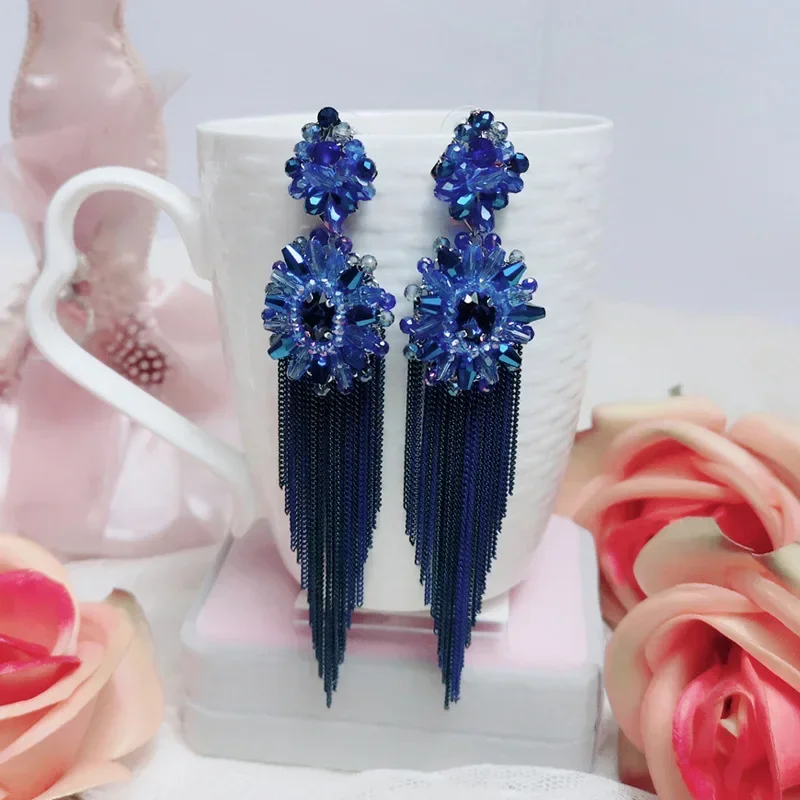 2024 Bohemian Retro Ethnic Flowers Tassel Earrings Handmade Jewelry Exaggerated Long Earrings for Women