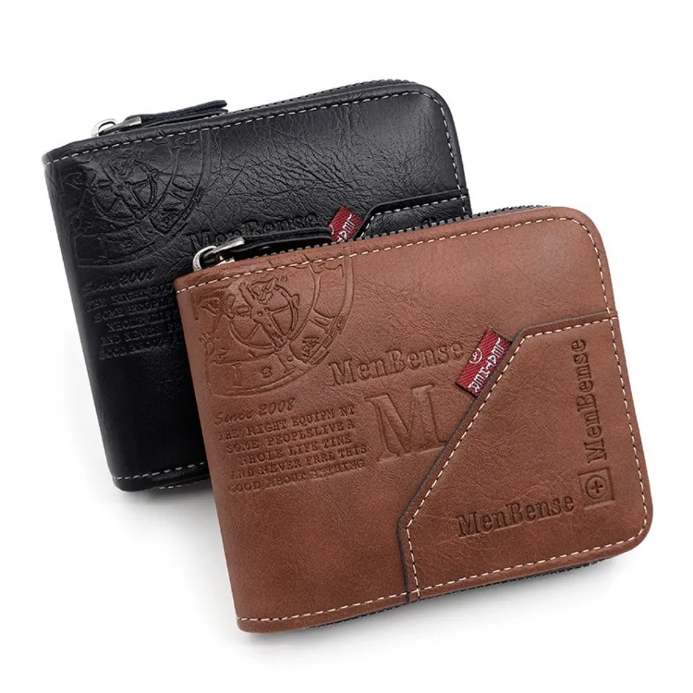 

ID Window Case PU Leather Short Zipper Wallet Multi-card Button Men's Coin Purse Retro Waterproof Tri-fold Wallet Shopping