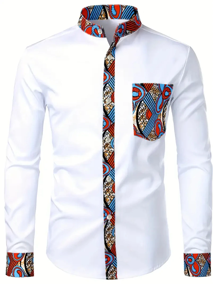 2025Dashiki African Mens Shirt Patchwork Pocket Africaine Print Shirt Men Ankara Style Long Sleeve Design Collar Mens Dress Shir