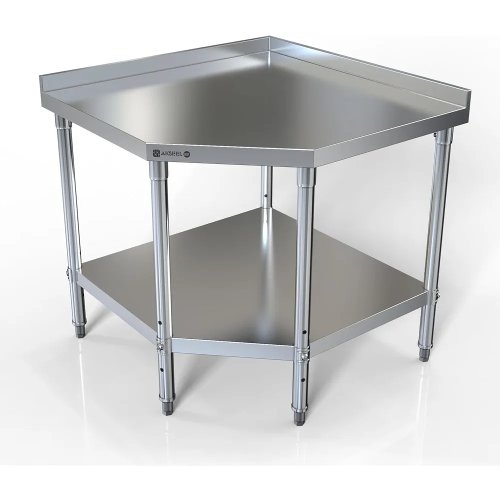 Corner Stainless Steel Work Table - Food Prep Tables for Commercial Kitchen - NSF Metal Heavy Duty Workbench with Backsplash