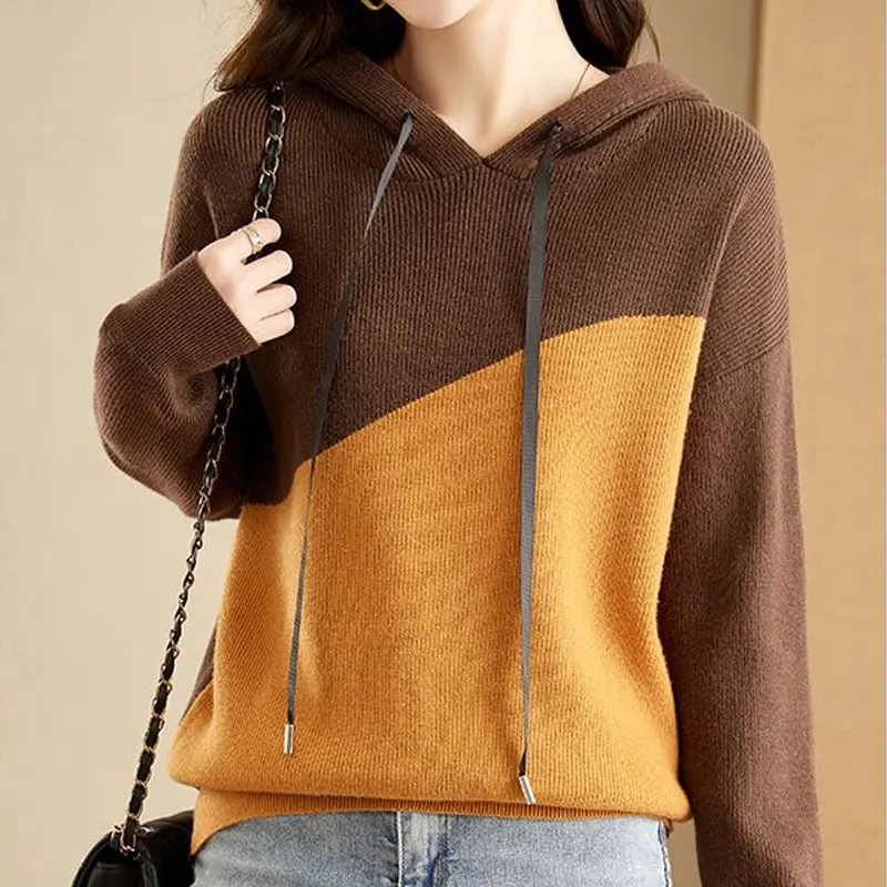 

Autumn Winter Casual Hooded Sweaters Contrasting Colors Spliced Women's Clothing Stylish Drawstring Korean Loose Knitted Jumpers