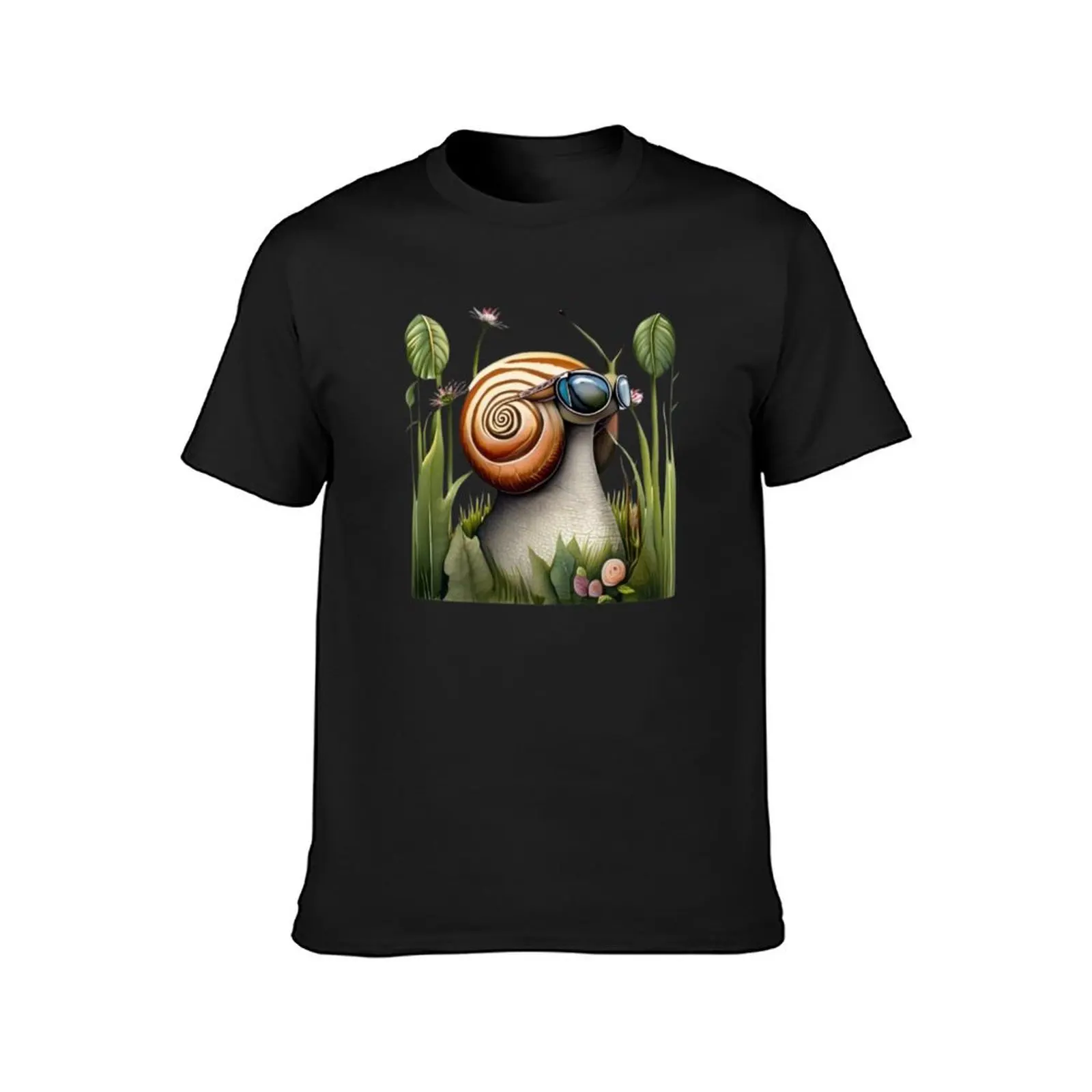 Eine schnelle Schnecke in Sonnenbrille am Morgen joggen auf einer Frühlings wiese. T-Shirt schwarz erhabene Männer T-Shirt