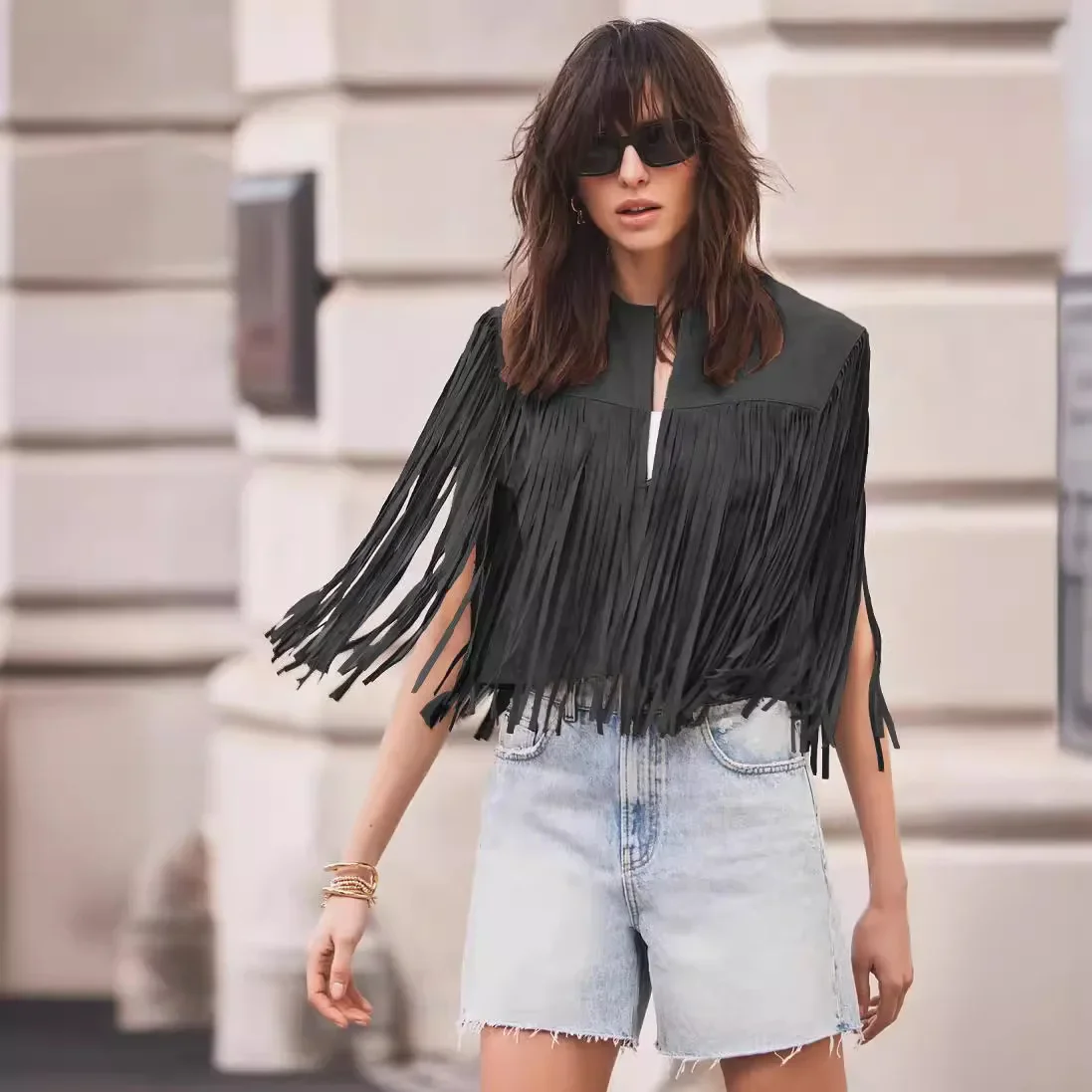 

2025 New Fringed Jacket Women's Independent Stand Cross-border European American Velvet Solid Color Cropped Vest Jacket