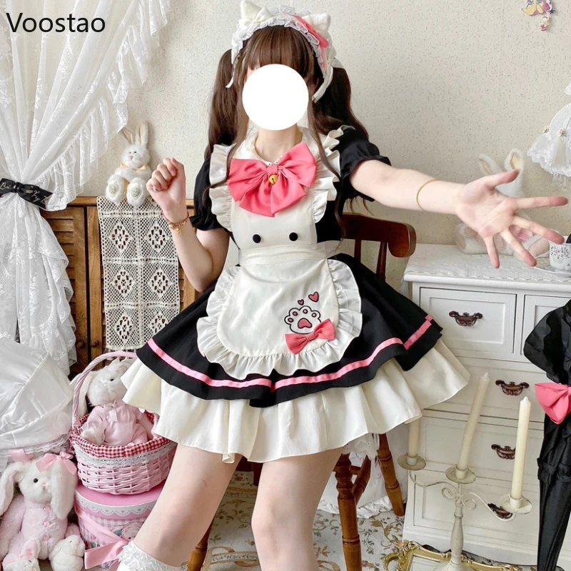 Japanese Sweet Lolita Op Dress Women Kawaii Bow Cat Restaurant Apron Party Dresses Girl Harajuku Cute Ruffles Maid Cosplay Dress