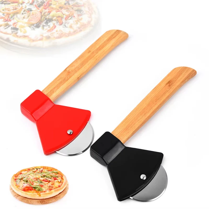 Pizza Cutter Wheel with Bamboo Handle Stainless Steel Axe Shaped Pizza Slicer for Pizza Pie Waffles Dough Kitchen Tools