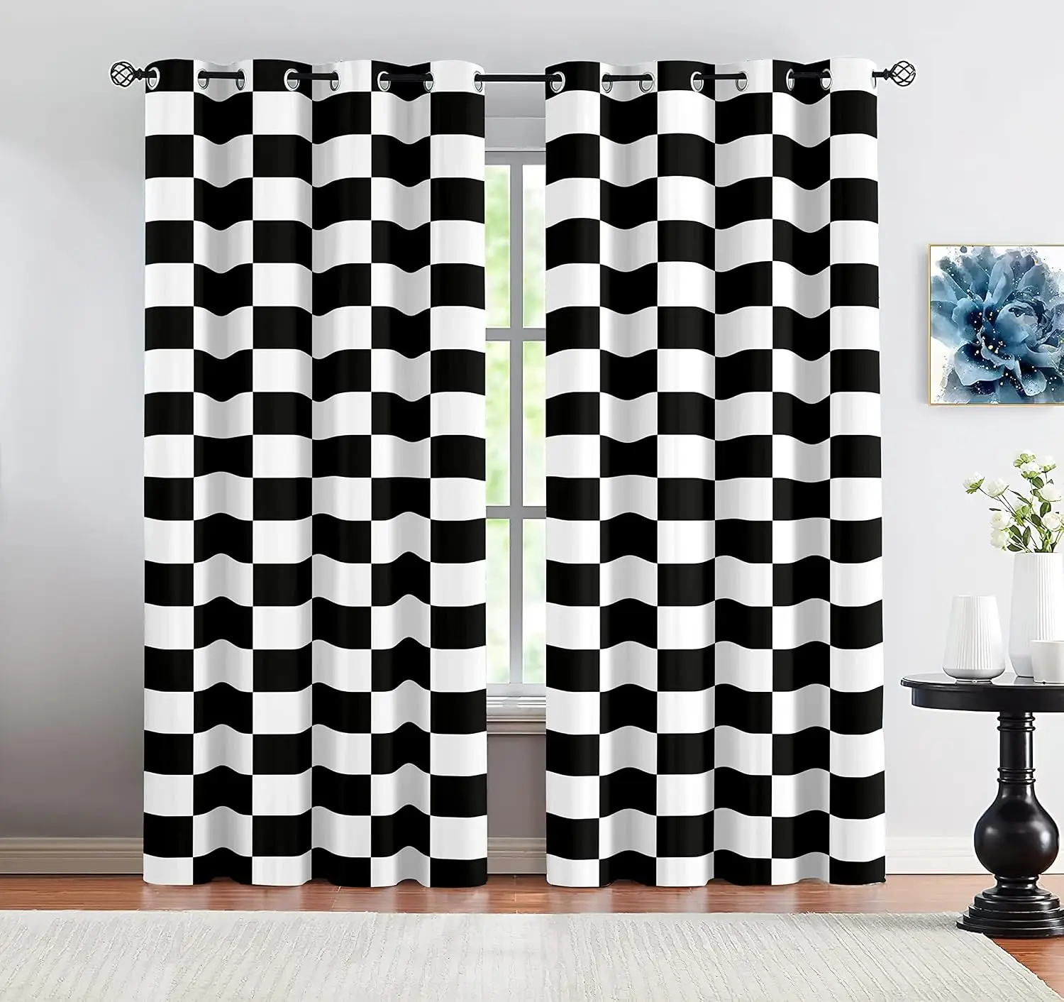 Classic Checkerboard Theme Curtain 2 Panels Even Black White Square Grid Base Elegant Clean Modern Living Room Fashion Curtains